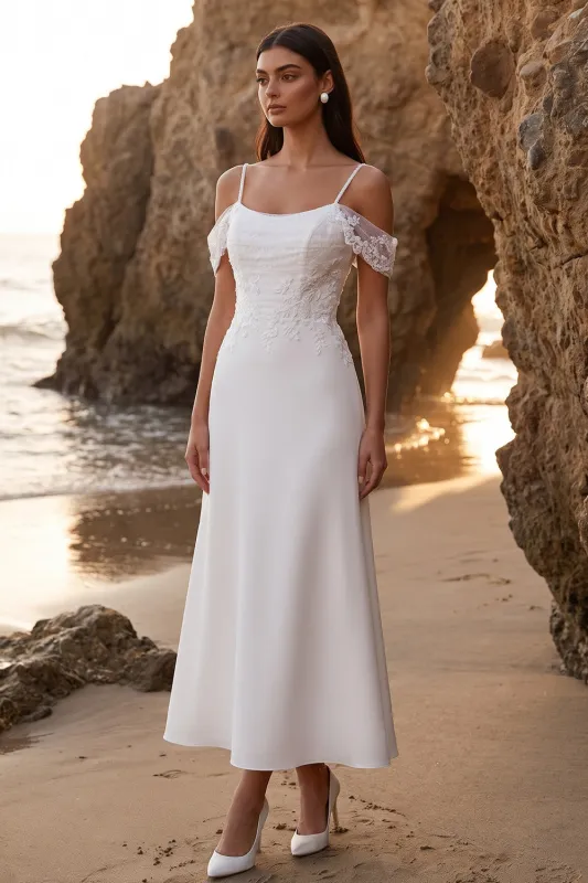 White A-Line Cold Shoulder Appliqued Tea-Length Wedding Dress made by Zapaka