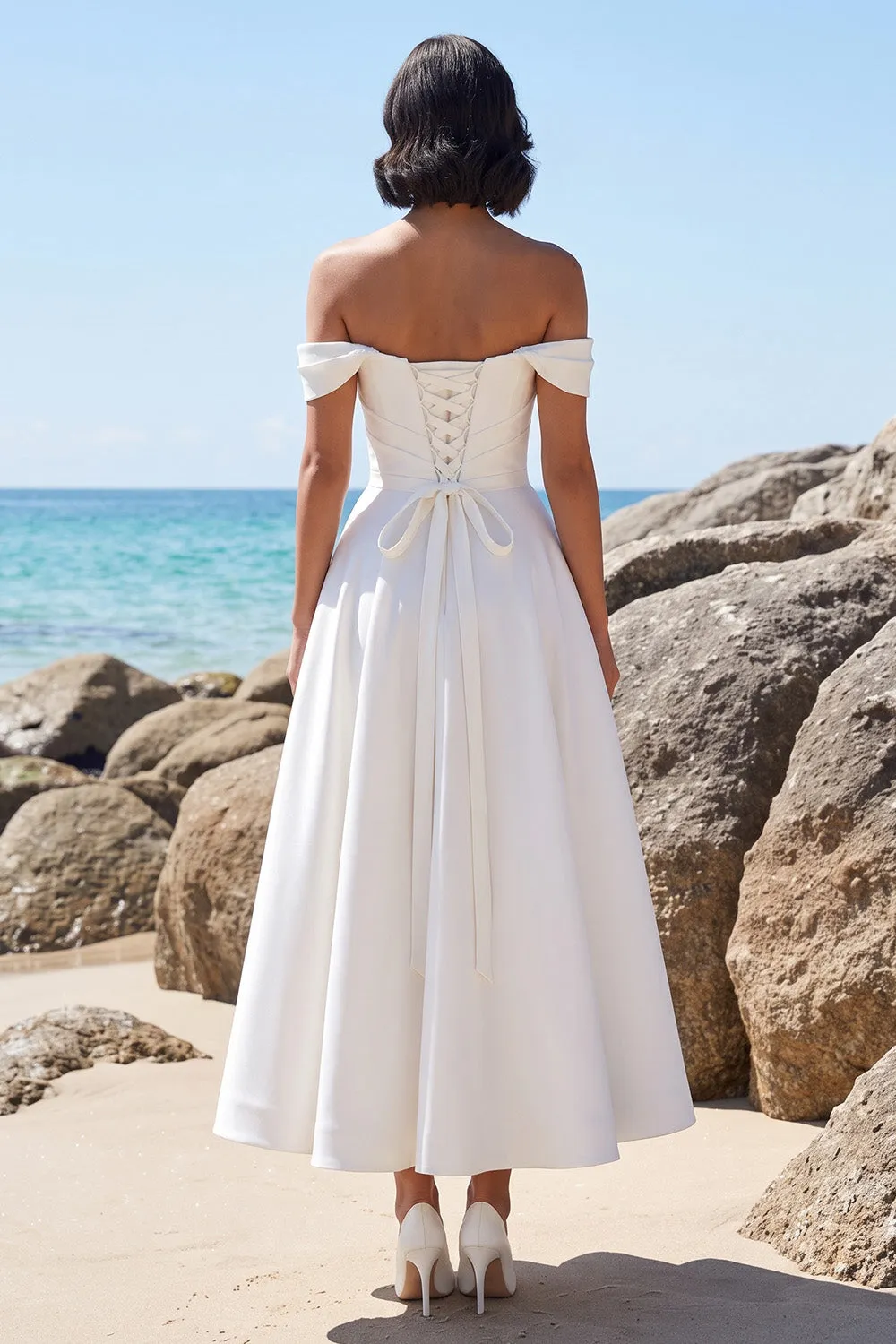 White A-Line Off the Shoulder Ruched Satin Tea-Length Wedding Dress with Lace sold by Zapaka product image thumbnail 2
