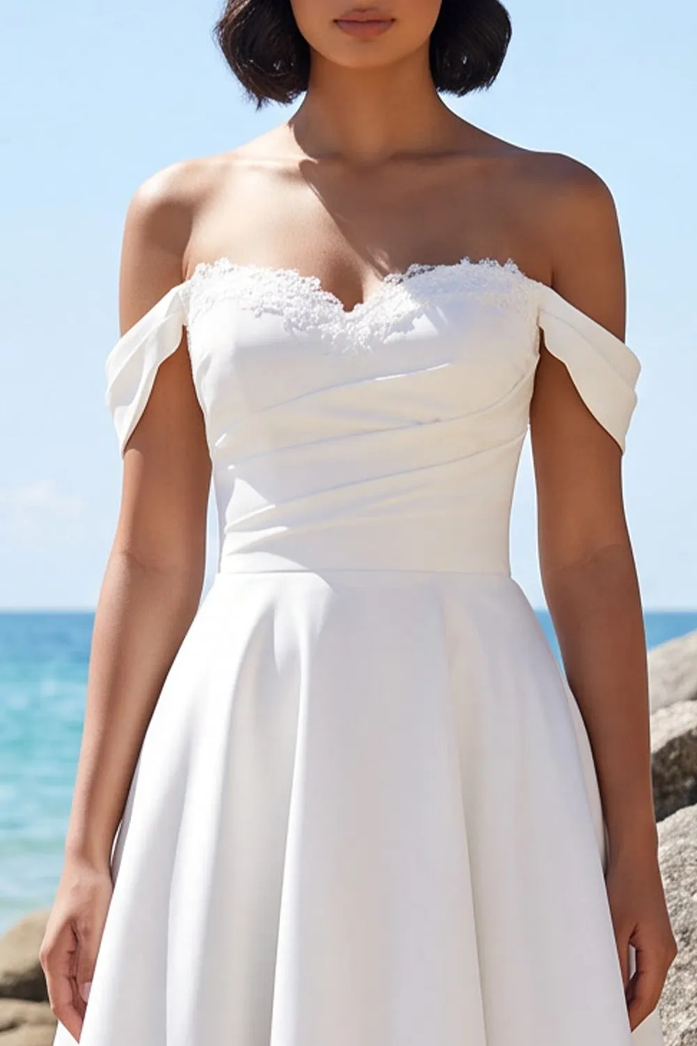 White A-Line Off the Shoulder Ruched Satin Tea-Length Wedding Dress with Lace sold by Zapaka product image thumbnail 3