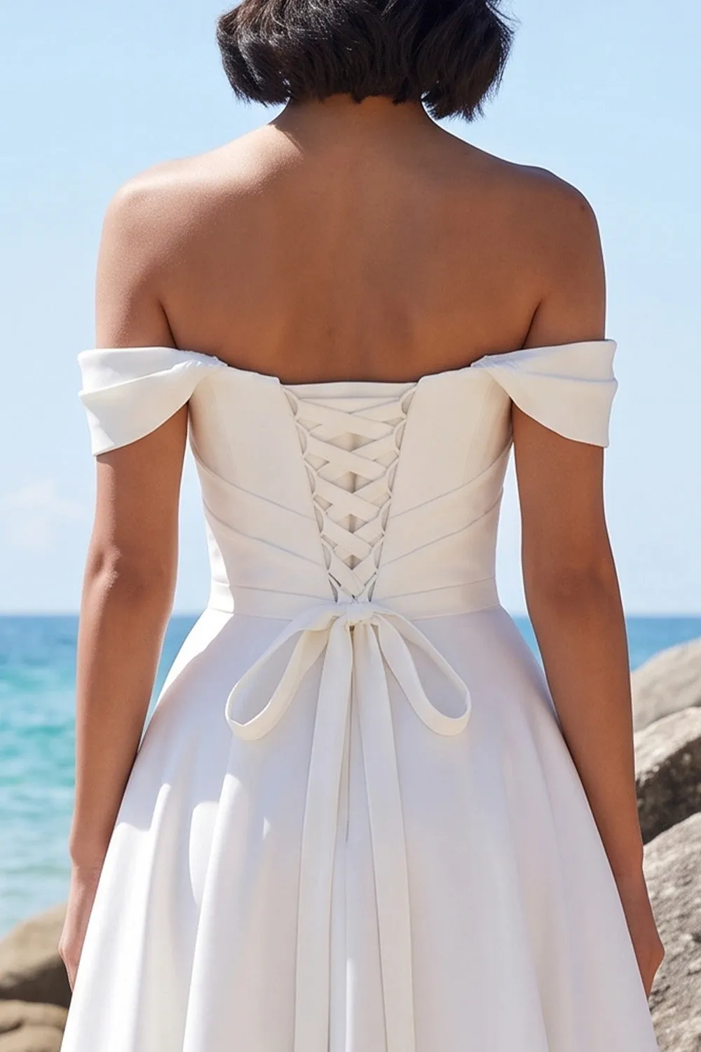 White A-Line Off the Shoulder Ruched Satin Tea-Length Wedding Dress with Lace sold by Zapaka product image thumbnail 4