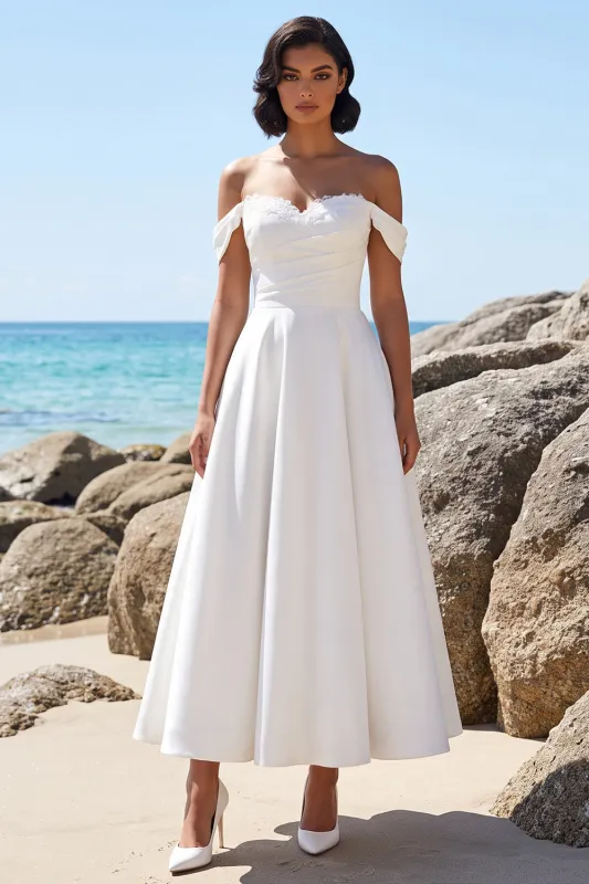 White A-Line Off the Shoulder Ruched Satin Tea-Length Wedding Dress with Lace made by Zapaka