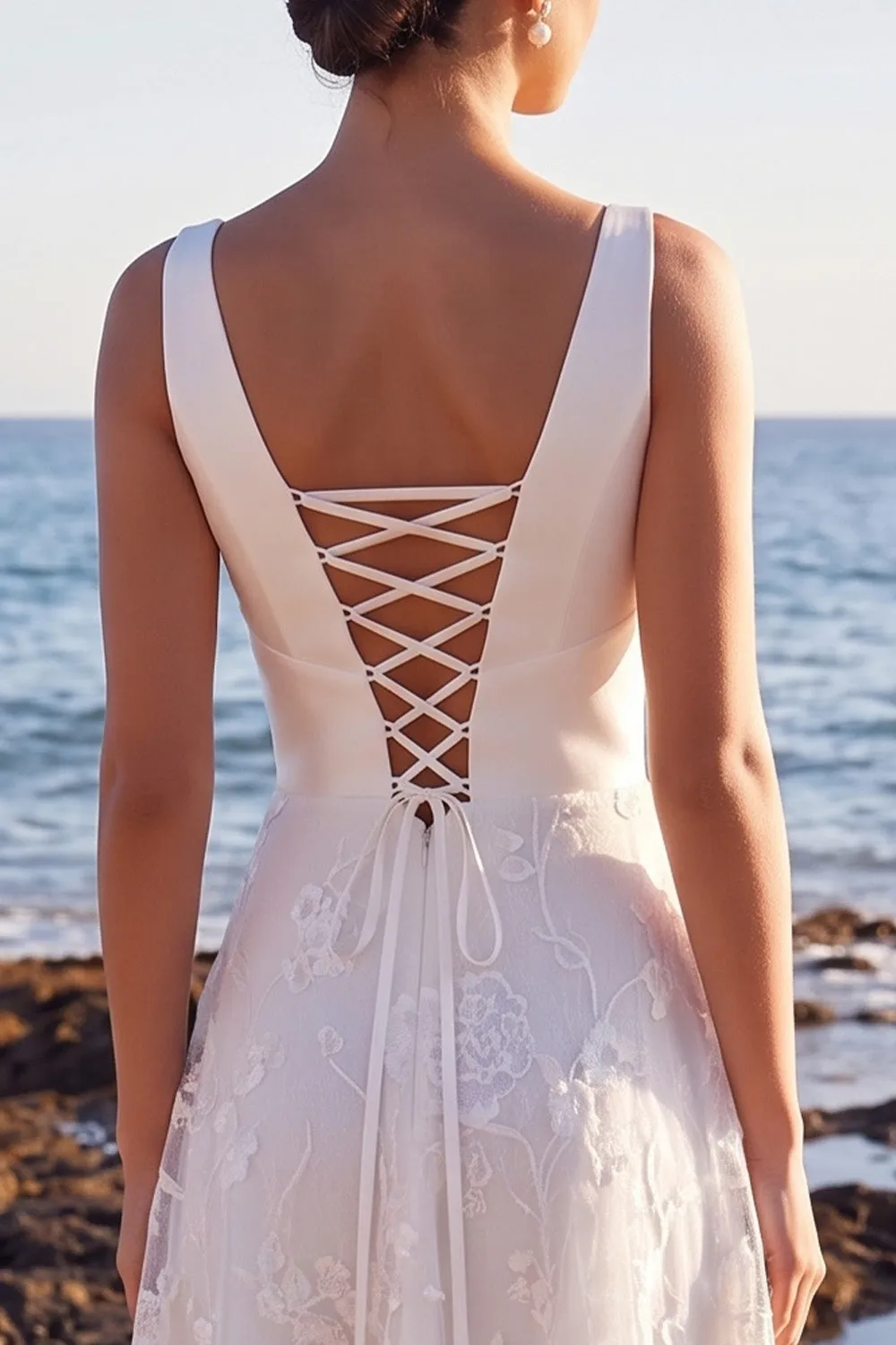 White A-Line V-Neck Satin Lace Appliques Maxi Wedding Dress sold by Zapaka product image thumbnail 4