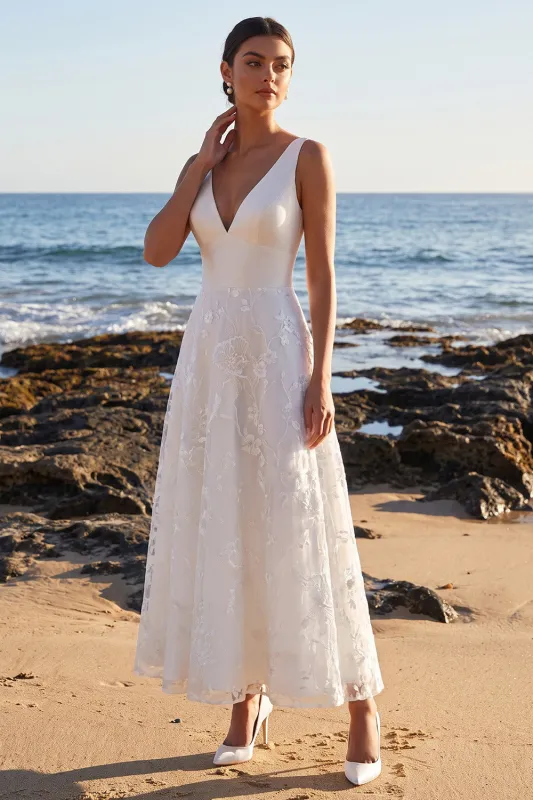 White A-Line V-Neck Satin Lace Appliques Maxi Wedding Dress made by Zapaka
