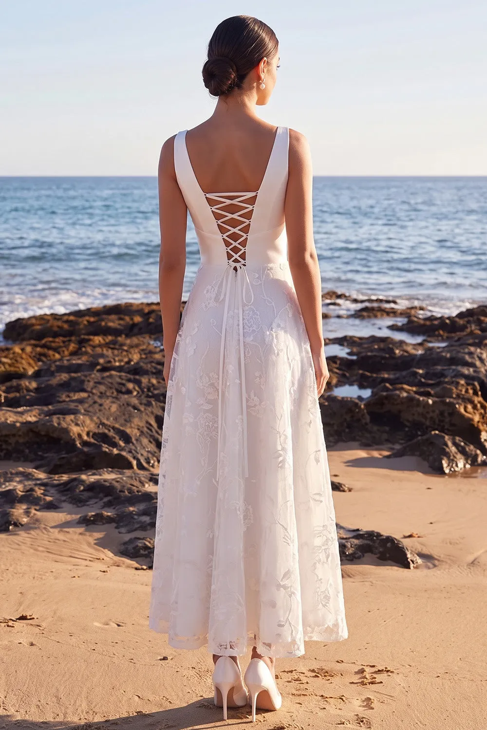 White A-Line V-Neck Satin Lace Appliques Maxi Wedding Dress sold by Zapaka product image thumbnail 2