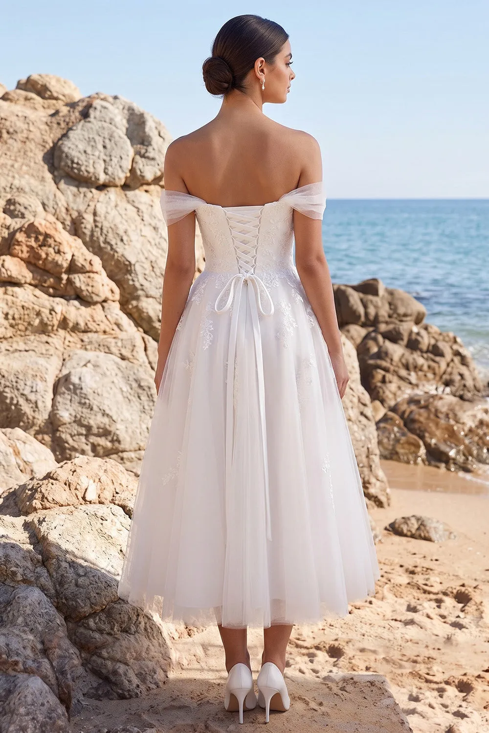 White A-Line Off the Shoulder Appliqued Tulle Tea-Length Wedding Dress sold by Zapaka product image thumbnail 2