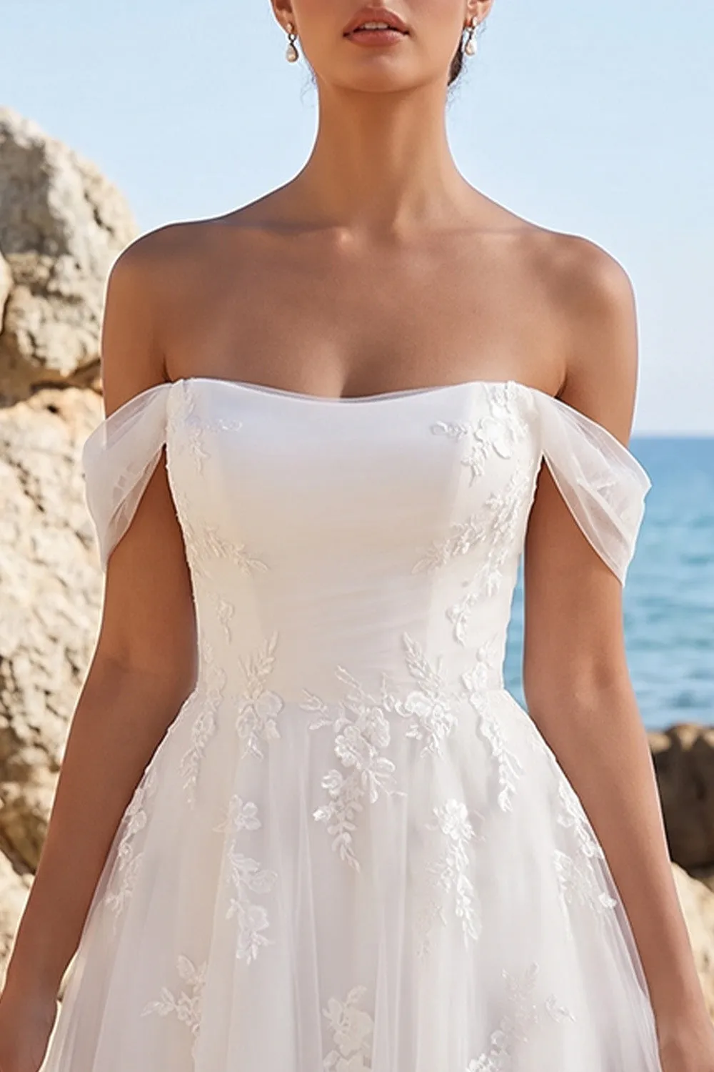 White A-Line Off the Shoulder Appliqued Tulle Tea-Length Wedding Dress sold by Zapaka product image thumbnail 3
