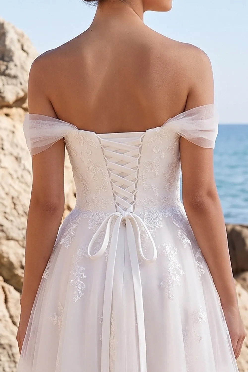 White A-Line Off the Shoulder Appliqued Tulle Tea-Length Wedding Dress sold by Zapaka product image thumbnail 4