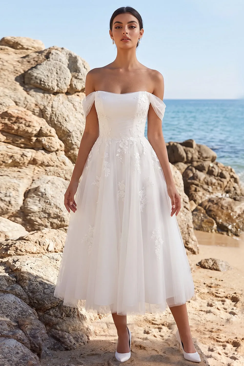 White A-Line Off the Shoulder Appliqued Tulle Tea-Length Wedding Dress sold by Zapaka