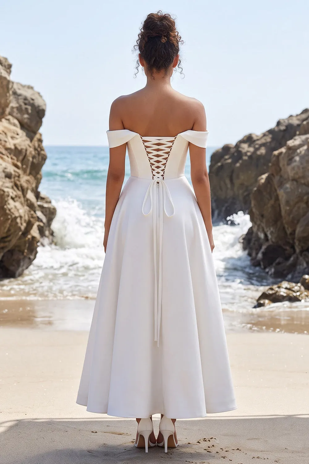 White A-Line Off the Shoulder Ruched Satin Maxi Wedding Dress with Lace Slit sold by Zapaka product image thumbnail 2