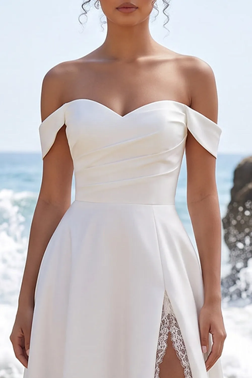 White A-Line Off the Shoulder Ruched Satin Maxi Wedding Dress with Lace Slit sold by Zapaka product image thumbnail 3
