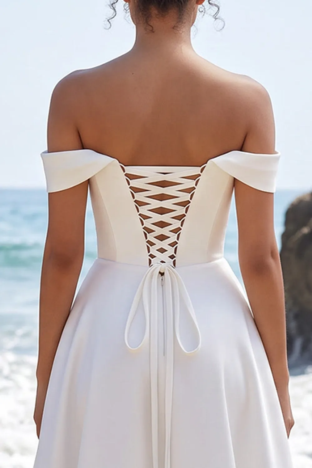 White A-Line Off the Shoulder Ruched Satin Maxi Wedding Dress with Lace Slit sold by Zapaka product image thumbnail 4