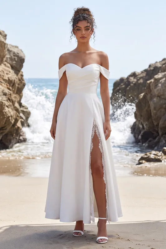 White A-Line Off the Shoulder Ruched Satin Maxi Wedding Dress with Lace Slit made by Zapaka