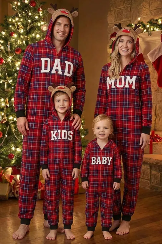 Red Grid Long Sleeve Plaid Reindeer Hooded Family Matching Pajamas Set made by Zapaka