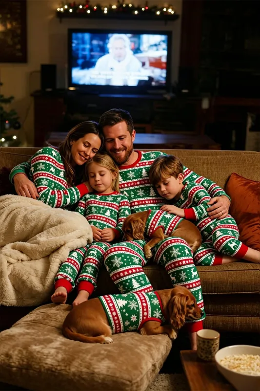 Green Red Fair Isle Pattern Round Neck Long Sleeves Family Pajama Sets made by Zapaka