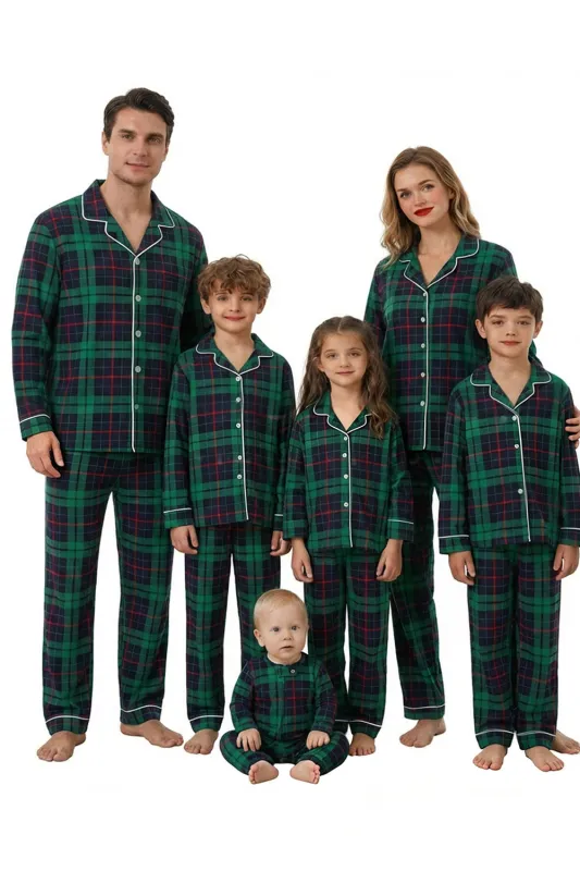 Dark Green Tartan Plaid 2 Piece Single Breasted Family Pajama Sets made by Zapaka