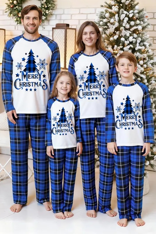 Royal Blue Plaid Printed 2 Piece Round Neck Long Sleeves Family Pajama Sets made by Zapaka
