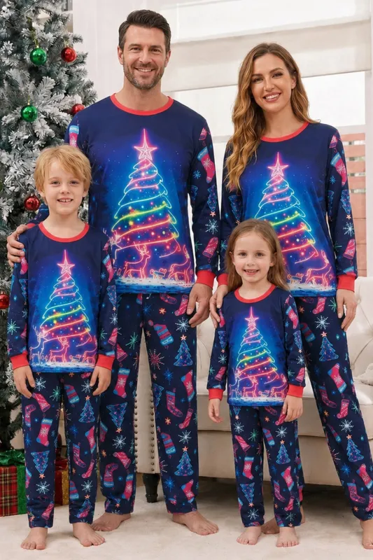 Navy Neon Christmas Tree 2 Piece Round Neck Family Pajama Sets made by Zapaka