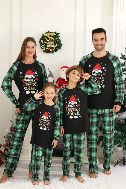 Black Green 2 Piece Round Neck Plaid Printed Long Sleeves Family Pajama Sets made by Zapaka