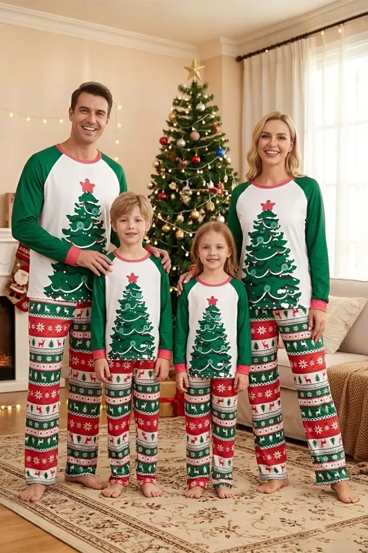 2 Piece Green Round Neck Christmas Tree Printed Family Pajama Sets made by Zapaka