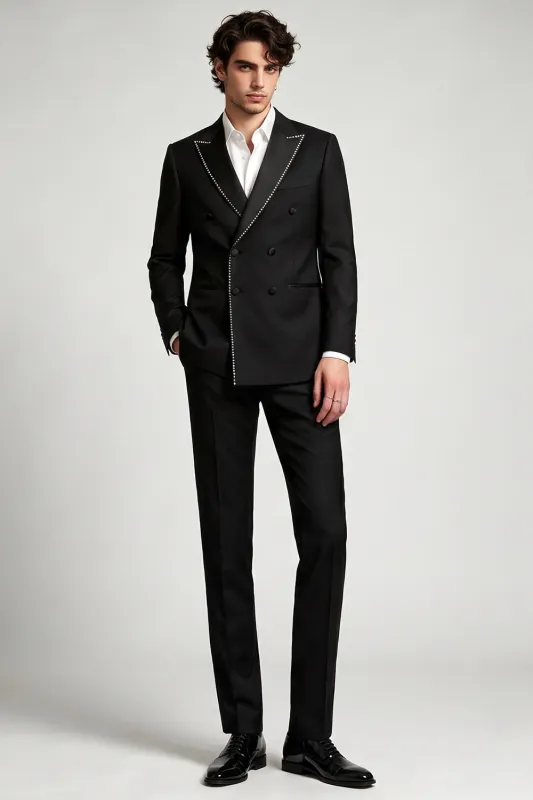 Peak Lapel Double Breasted Black 2 Piece Men's Prom Suits made by Zapaka