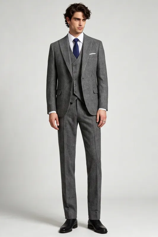 Peak Lapel 3 Piece Grey Single Breasted Men's Prom Suits made by Zapaka