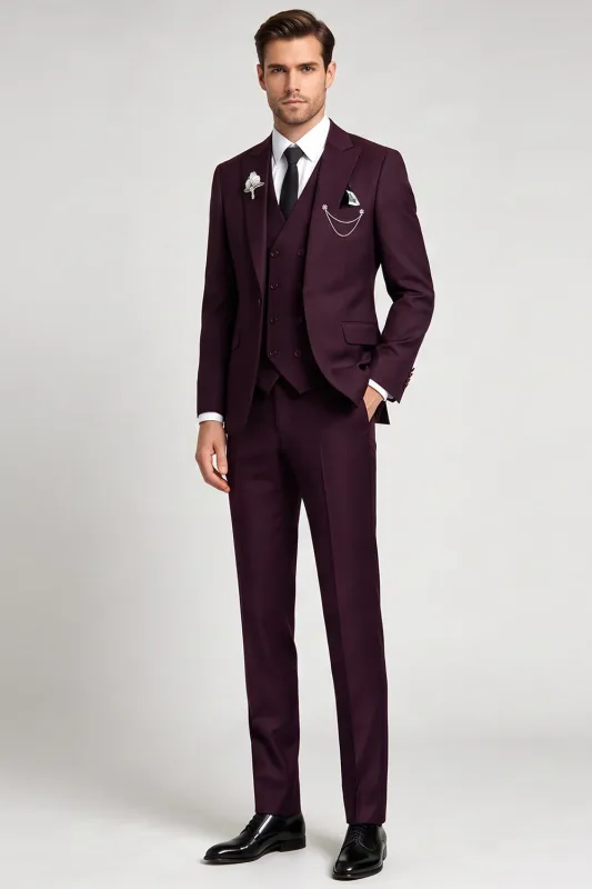 3 Piece Single Breasted Peak Lapel Claret Men's Prom Suits made by Zapaka