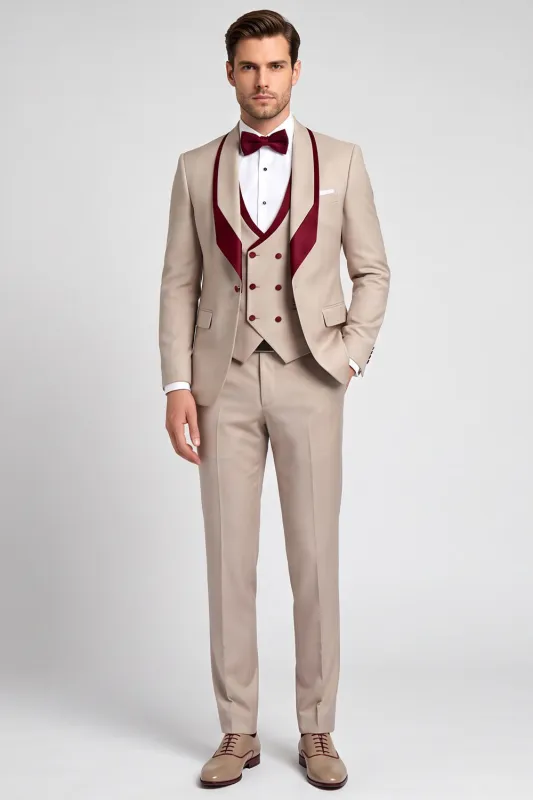 Shawl Lapel 3 Piece Champagne Double Breasted Men's Prom Suits made by Zapaka