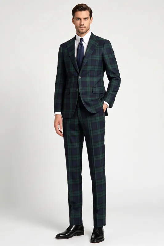 Dark Green 3 Piece Plaid Notched Lapel Single Breasted Men's Prom Suits made by Zapaka