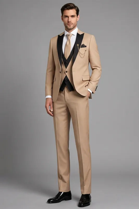 Khaki 3 Piece Peak Lapel Single Breasted Men's Prom Suits made by Zapaka