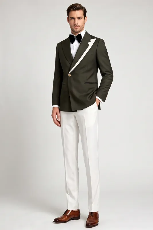 Army Green 2 Piece Asymmetrical Peak Lapel Single Breasted Men's Prom Suits made by Zapaka