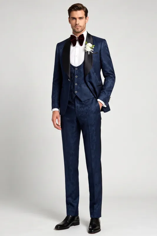 3 Piece Navy Jacquard Satin Shawl Lapel Single Breasted Men's Prom Suits made by Zapaka