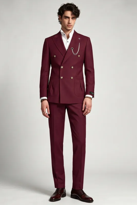 Burgundy Peak Lapel Double Breasted 2 Piece Men's Prom Suits made by Zapaka
