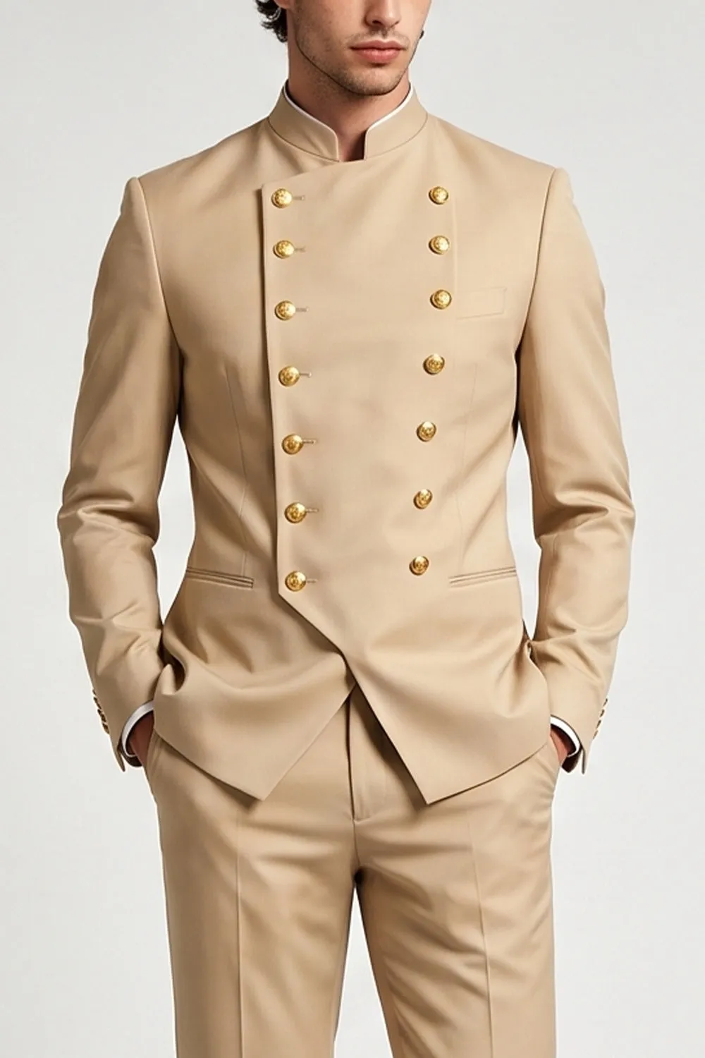 Khaki Mandarin Collar Double Breasted 2 Piece Men's Prom Suits sold by Zapaka product image thumbnail 3