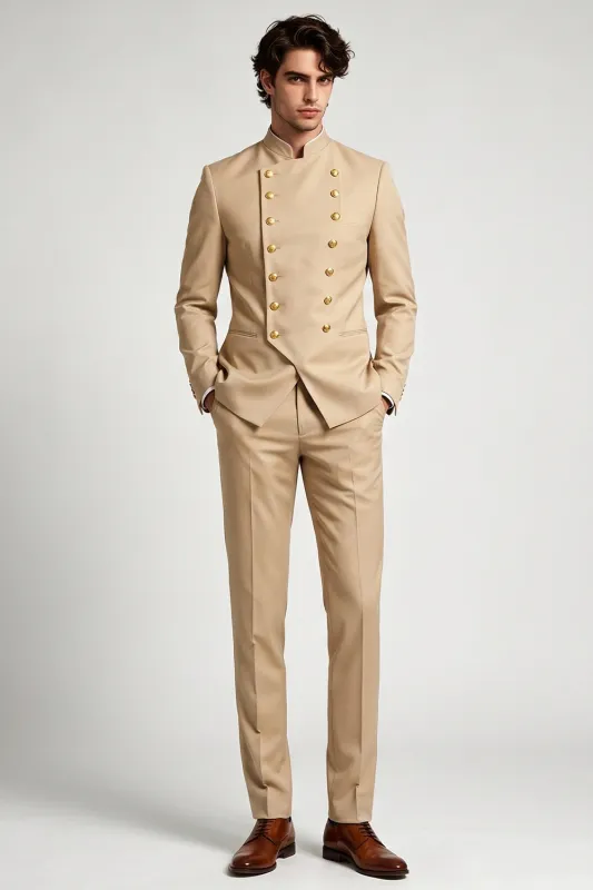Khaki Mandarin Collar Double Breasted 2 Piece Men's Prom Suits made by Zapaka