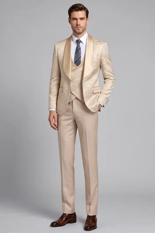 Champagne 3 Piece Jacquard Satin Shawl Lapel Men's Prom Suits made by Zapaka