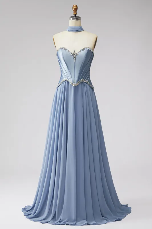 Dusty Blue Basque Waist Chiffon Corset Rhinestone Long Prom Dress with Scarf made by Zapaka