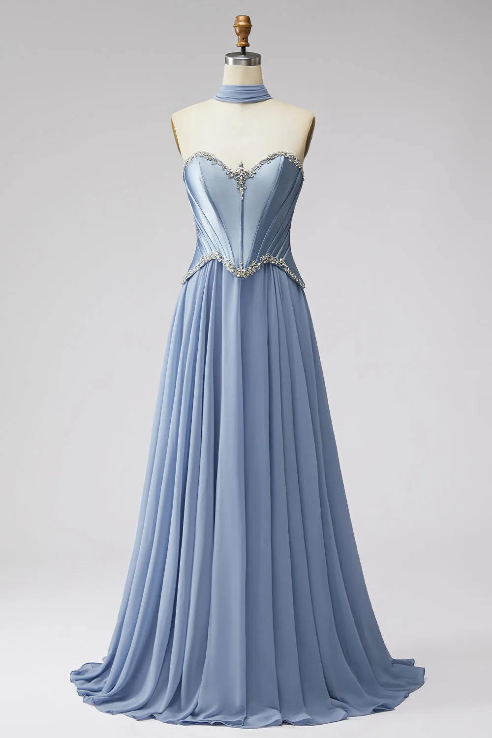 Dusty Blue Basque Waist Chiffon Corset Rhinestone Long Prom Dress with Scarf sold by Zapaka