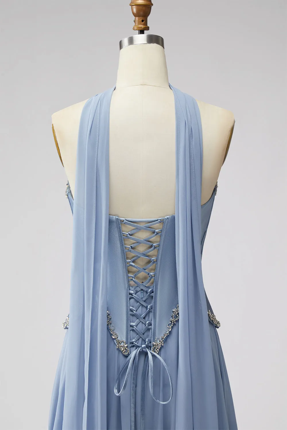 Dusty Blue Basque Waist Chiffon Corset Rhinestone Long Prom Dress with Scarf sold by Zapaka product image thumbnail 5