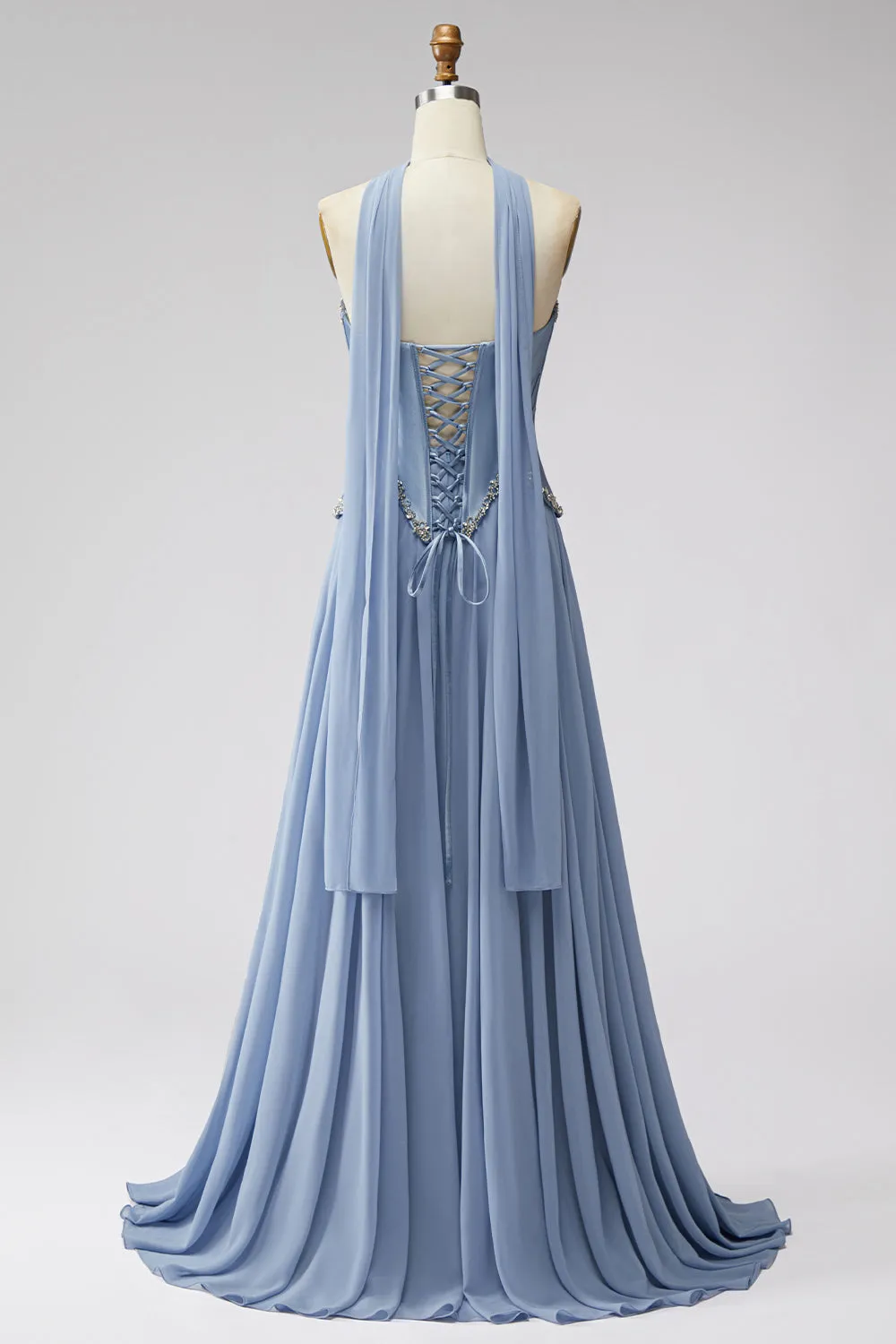 Dusty Blue Basque Waist Chiffon Corset Rhinestone Long Prom Dress with Scarf sold by Zapaka product image thumbnail 2