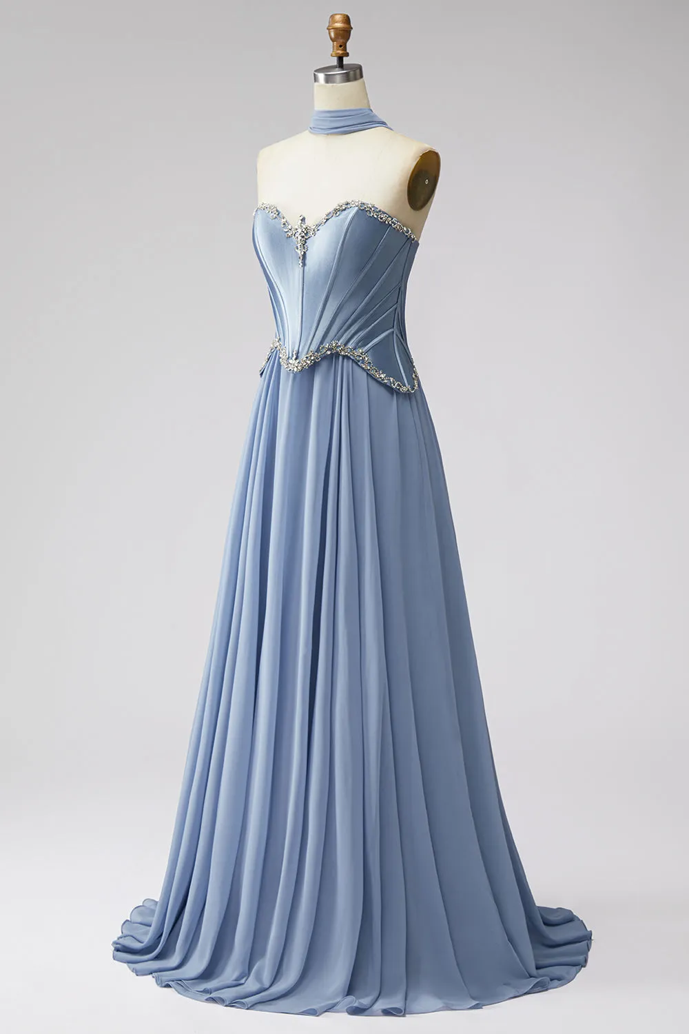 Dusty Blue Basque Waist Chiffon Corset Rhinestone Long Prom Dress with Scarf sold by Zapaka product image thumbnail 3