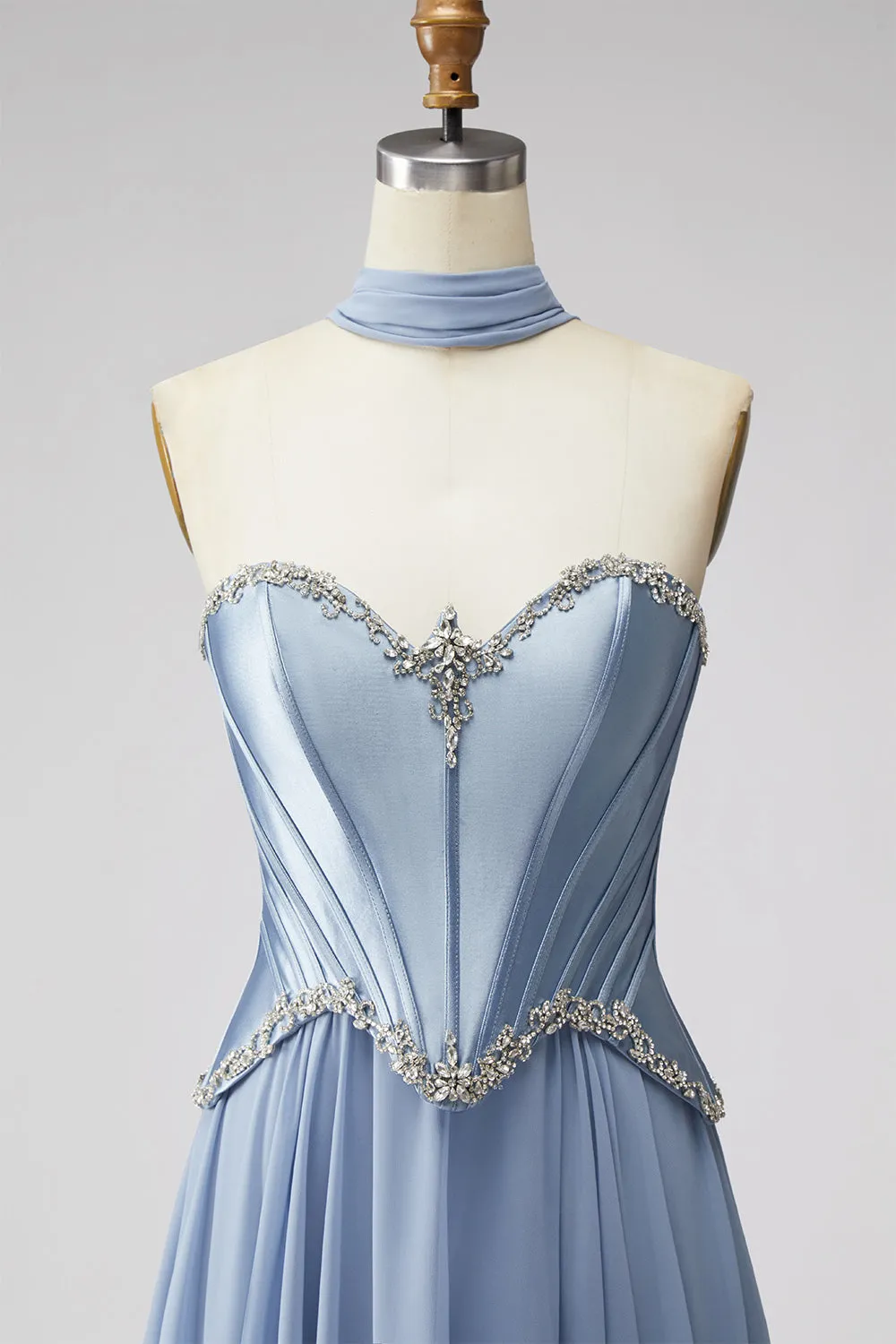 Dusty Blue Basque Waist Chiffon Corset Rhinestone Long Prom Dress with Scarf sold by Zapaka product image thumbnail 4