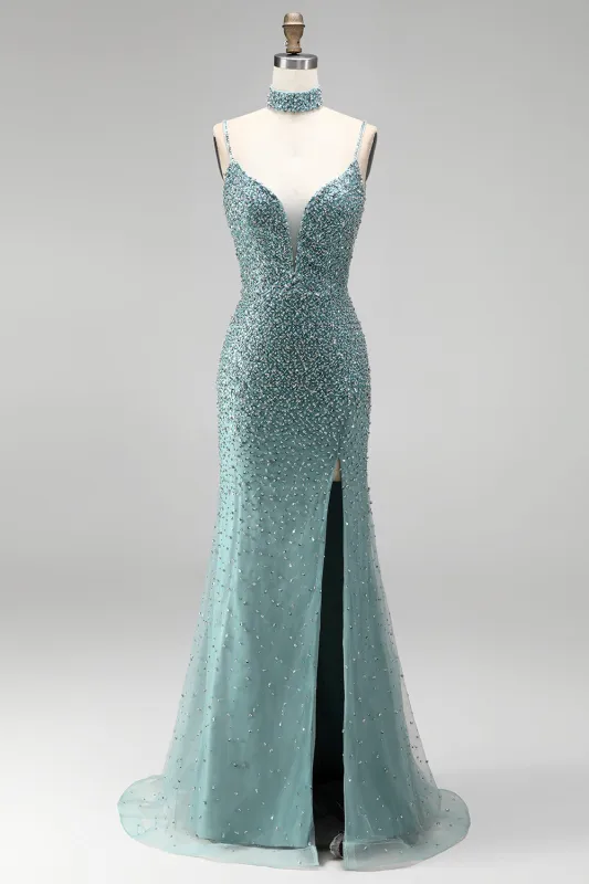 Grey Green Mermaid Sequins Beaded V-Neck Tulle Long Prom Dress with Choker made by Zapaka
