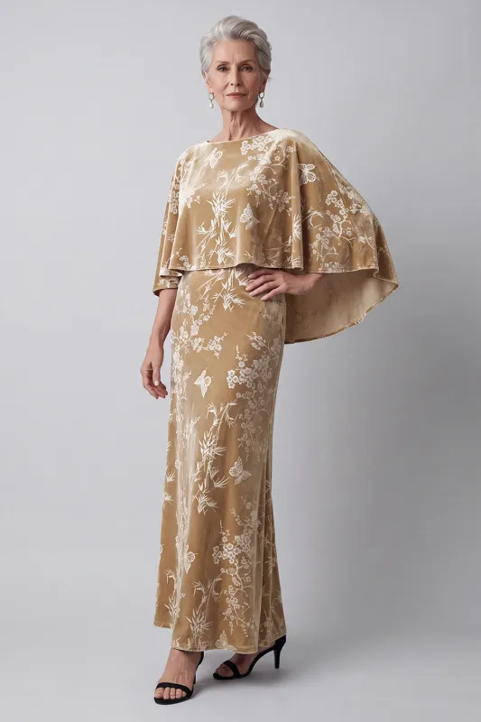 Champagne Velvet Bateau Neck Floral Printed Long Mother of the Bride Dress with Cape made by Zapaka