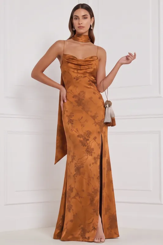 Burnt Orange Sheath Cowl Satin Printed Maxi Bridesmaid Dress with Side Slit made by Zapaka