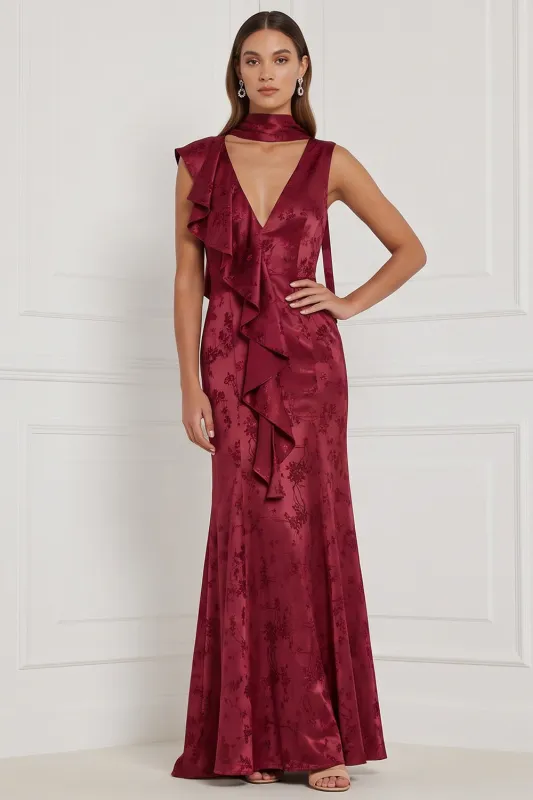 Burgundy Mermaid V-Neck Printed Ruffled Long Bridesmaid Dress made by Zapaka