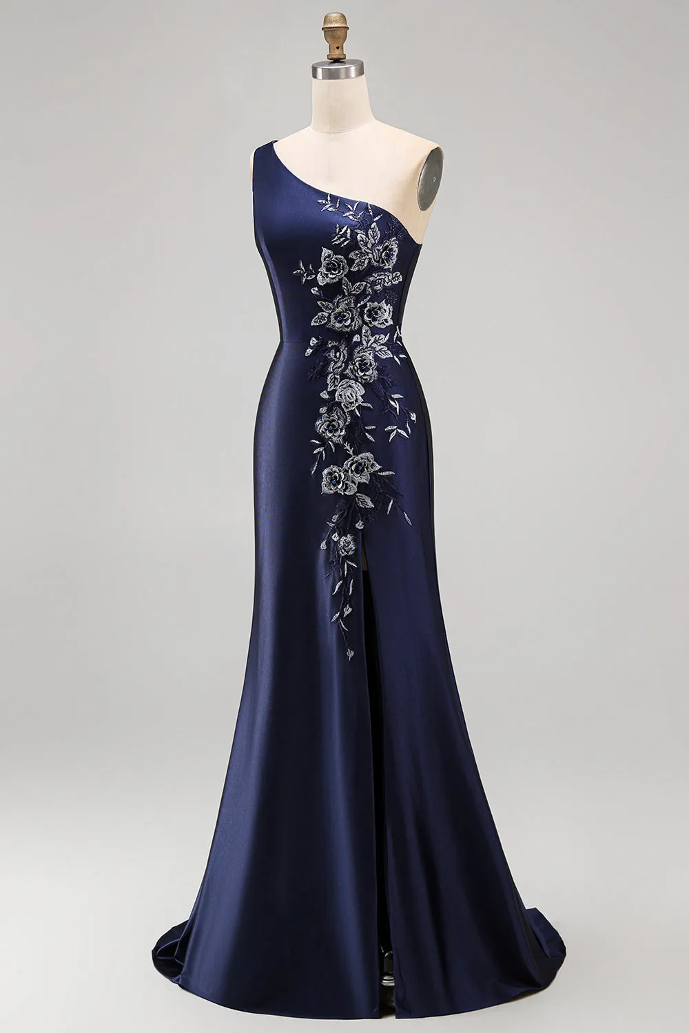 One Shoulder Navy Satin Embroidery Mermaid Maxi Mother of the Bride Dress sold by Zapaka product image thumbnail 3
