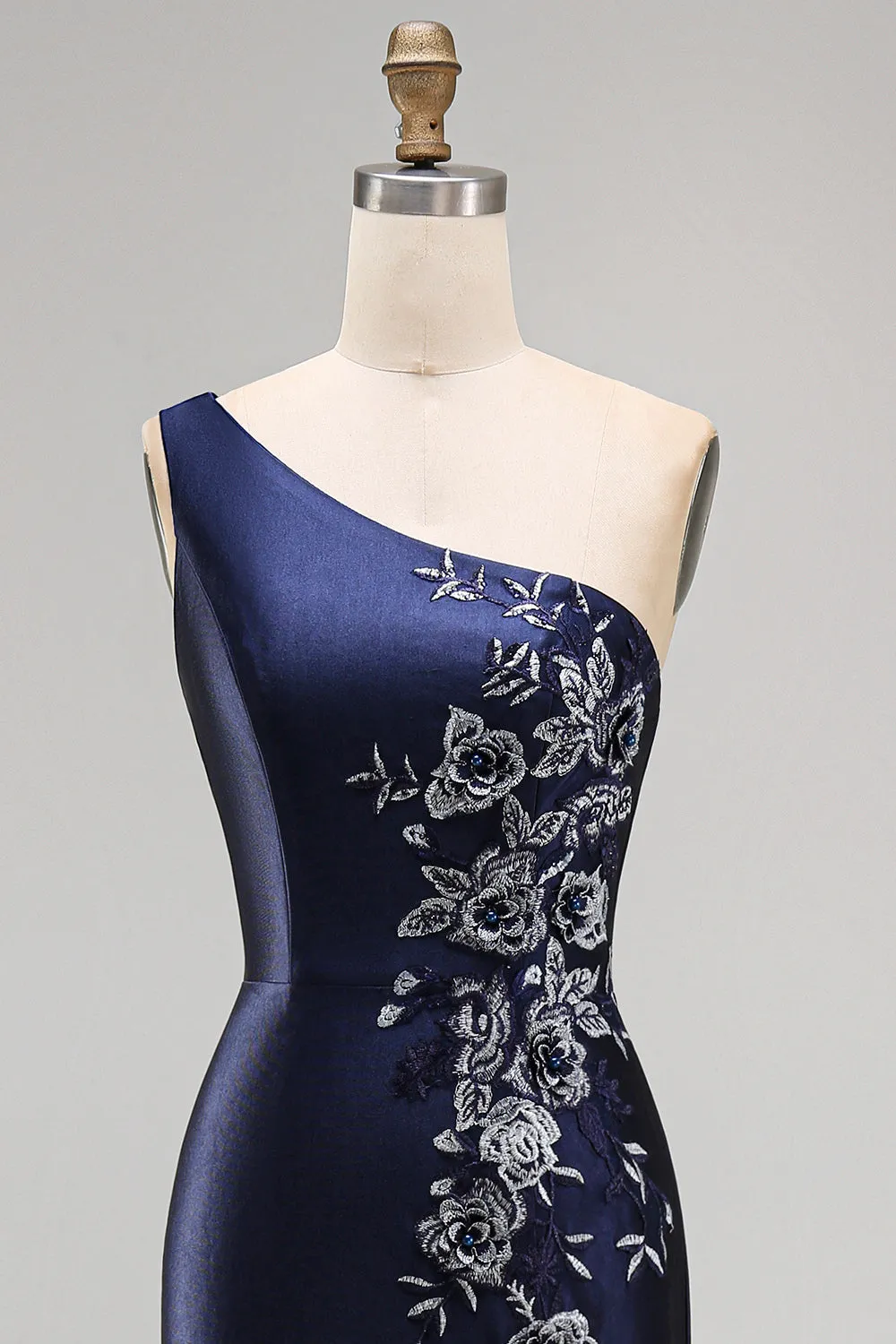 One Shoulder Navy Satin Embroidery Mermaid Maxi Mother of the Bride Dress sold by Zapaka product image thumbnail 4