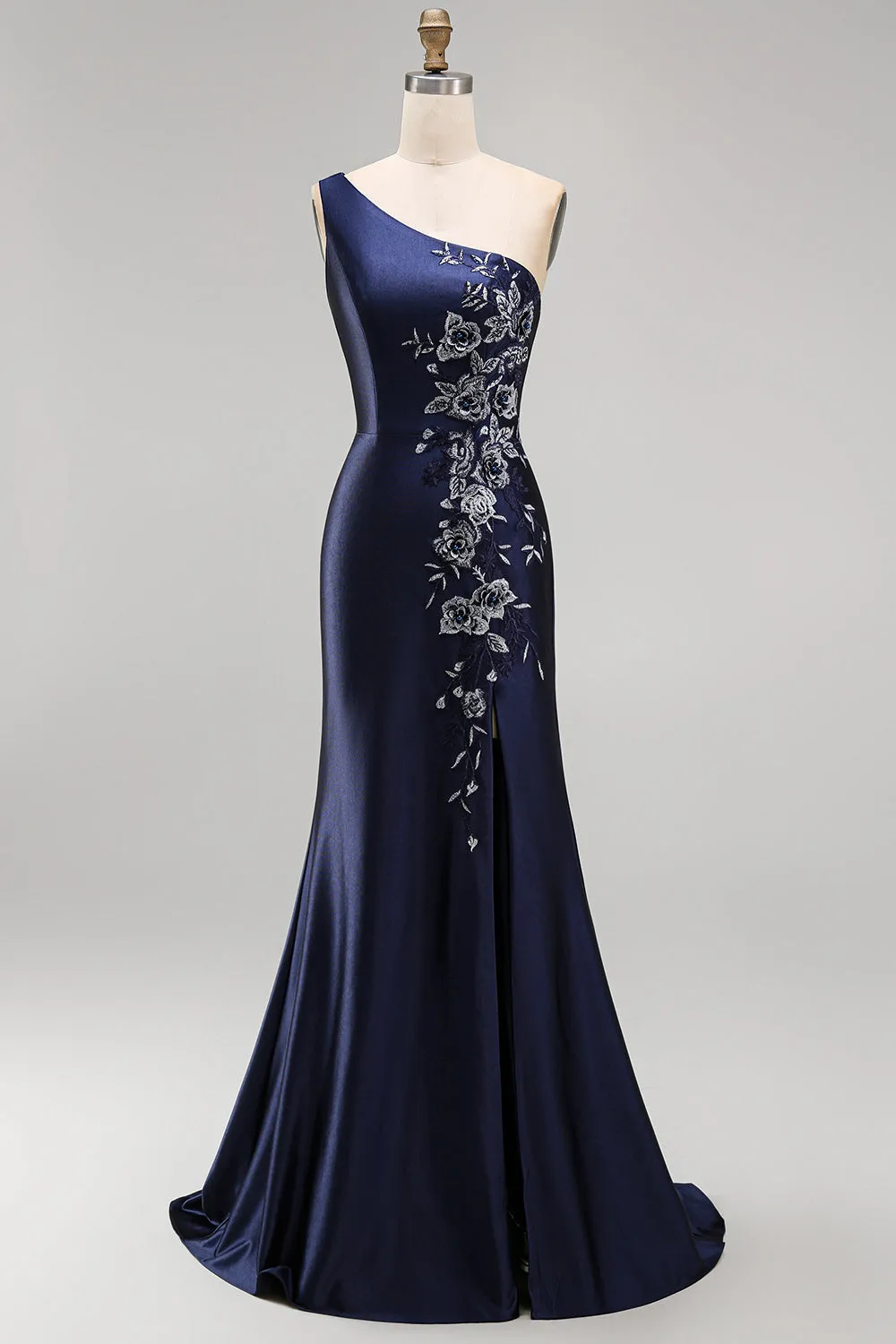 One Shoulder Navy Satin Embroidery Mermaid Maxi Mother of the Bride Dress sold by Zapaka