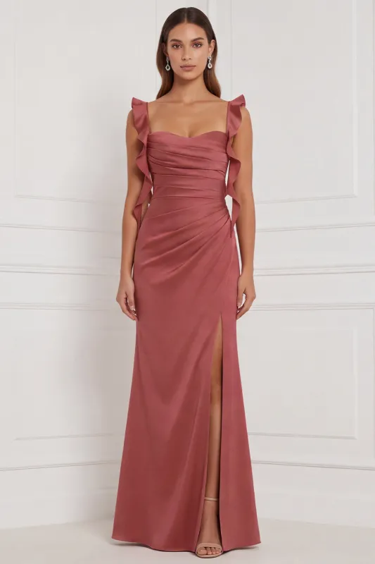 Terracotta Ruffled Straps Ruched Sheath Long Wedding Guest Dress with Slit made by Zapaka