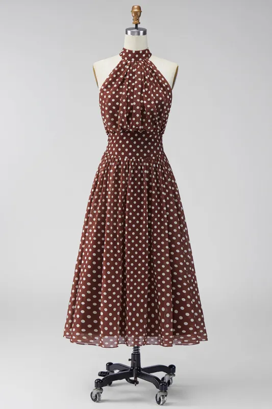 Coffee White A-Line Halter Neck Chiffon Backless Midi Polka Dots Dress made by Zapaka